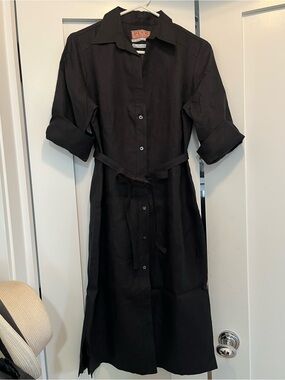 THOMAS PINK black linen button front shirt dress with belt EUC